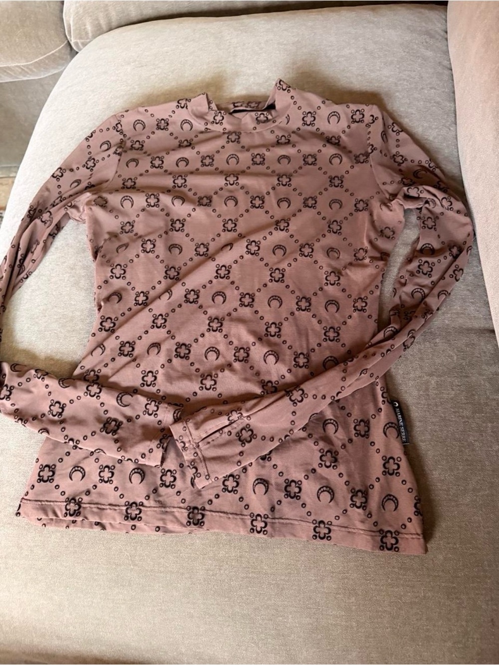 Marine Serre Brown Crescent-Print Long Sleeve Mock Neck Top